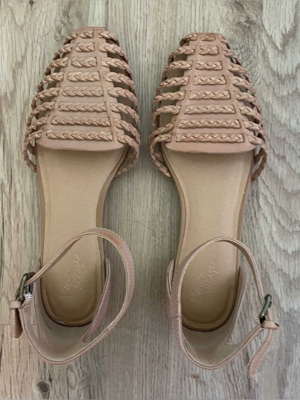 Crown Vintage Braided Huarache Ankle-Strap Flats — Blush/Tan, Size 9, worn once